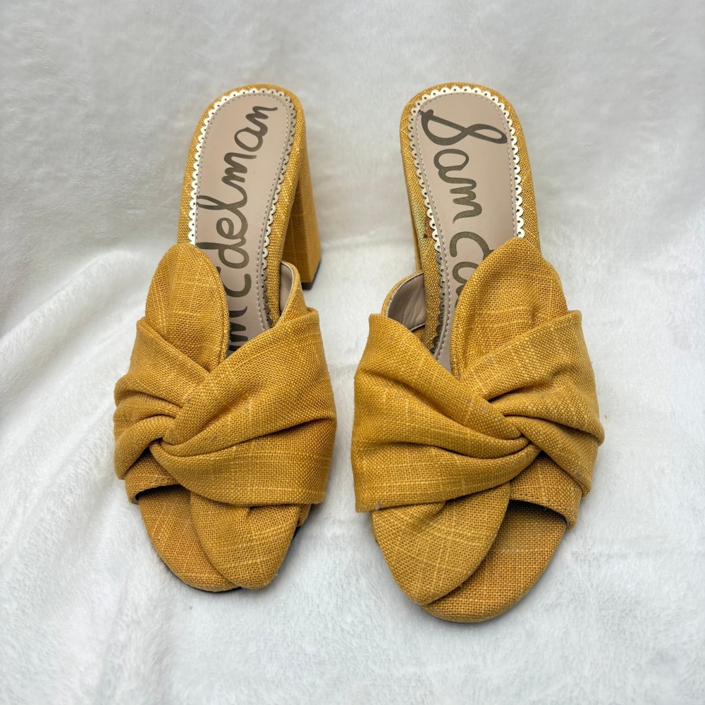 Sam Edelman Mustard‎ Yellow Linen Knot Mule Block Heel Sandals Women 6.5  * READ